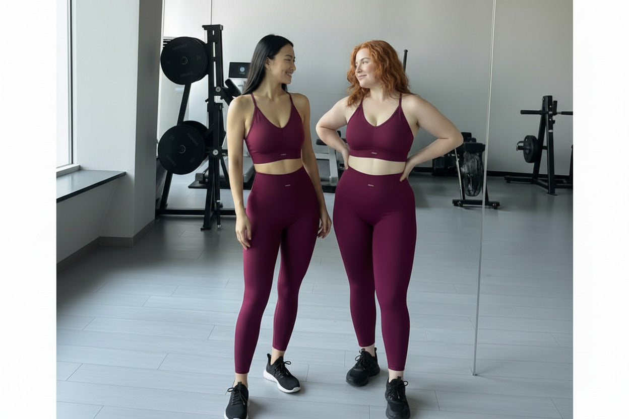 Two women in matching maroon athletic wear standing in a gym.