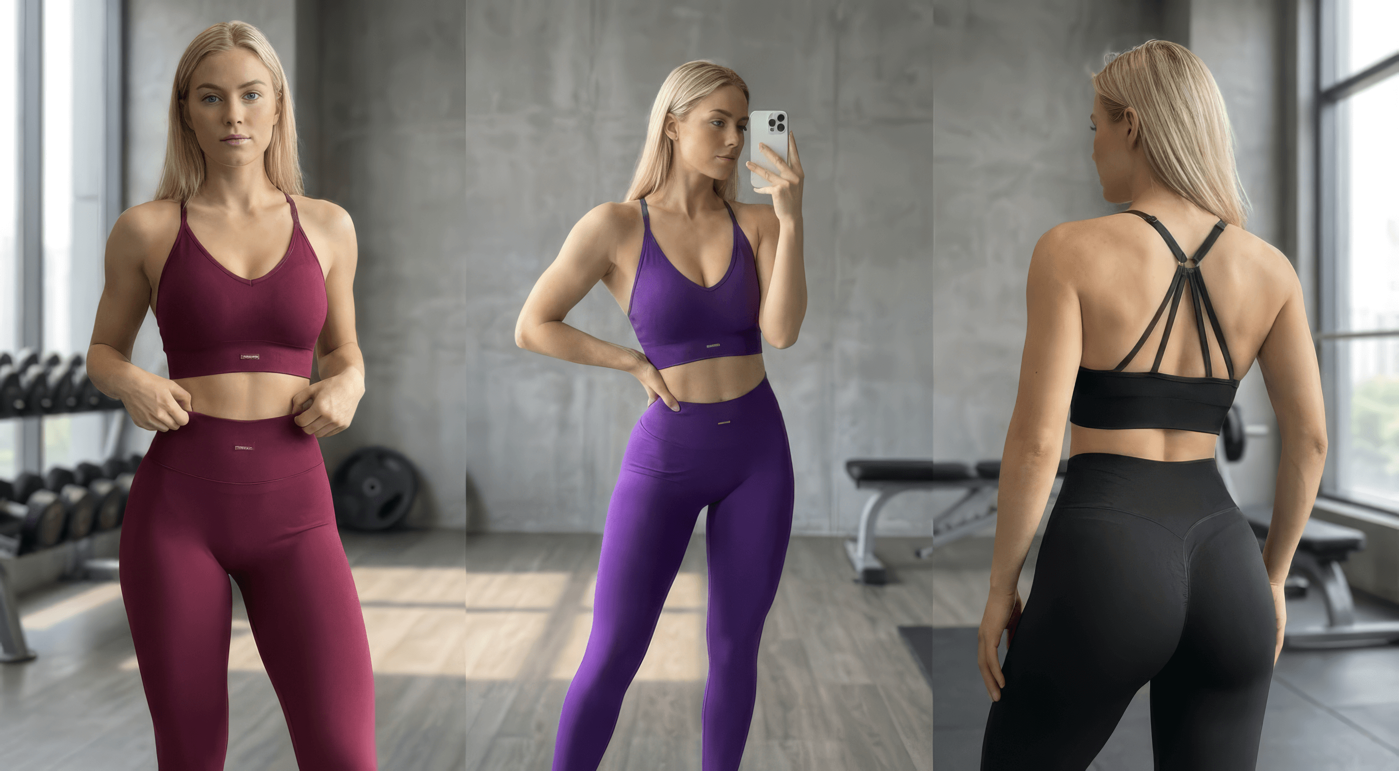 Three images of a woman in different athletic wear in a gym setting.