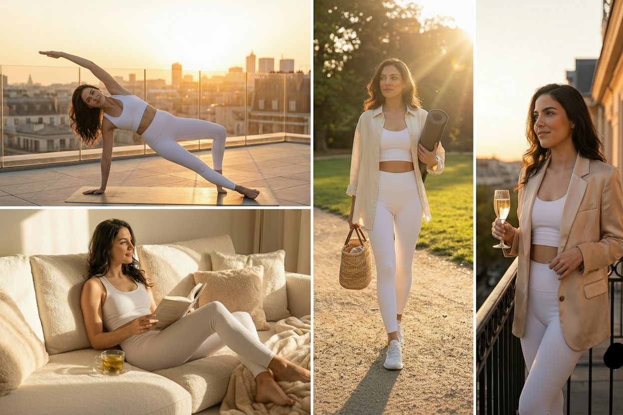 Collage of a woman in various poses and settings, including yoga, walking, and lounging.